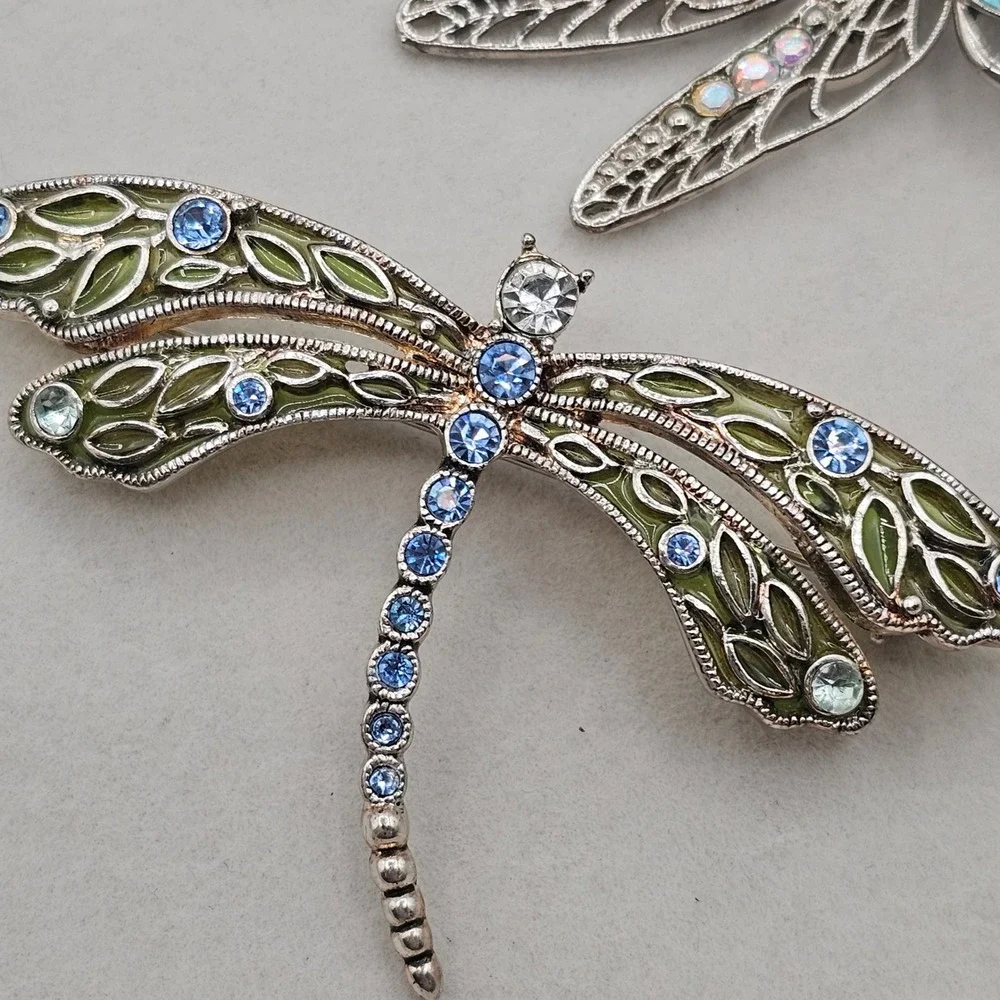 Dragonfly Brooch Pin Set 2pc Silver Tone Blue Green Rhinestone Enamel Pastels